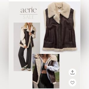 New Offline by Aerie Sherpa Brown Lined Faux Leather Vest size large